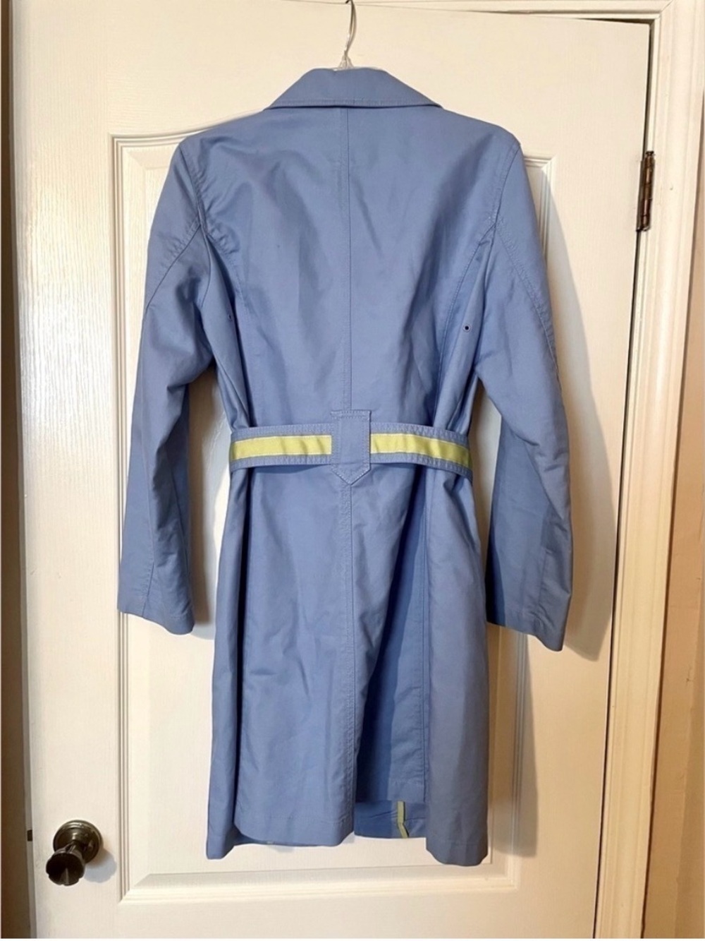 Nine West 90s Y2K Blue Rain Trench Coat Lime Green Trim Belted Size L  Coastal - Picture 5 of 9